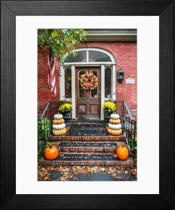 Framed Print : Autumn decorations on a front door and steps Framed Print : Autumn decorations on a front door and steps
