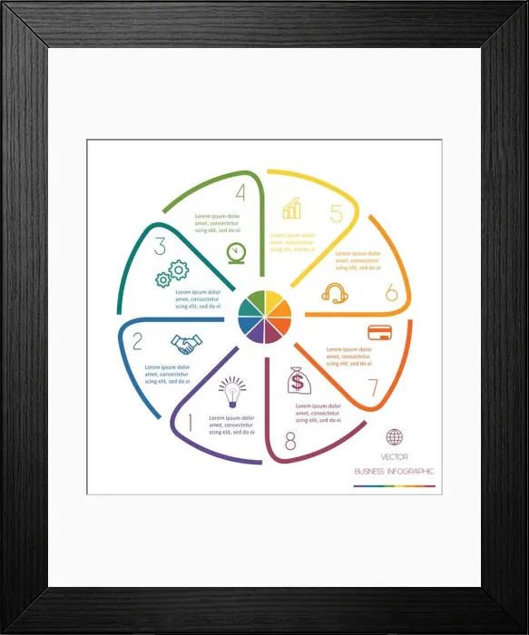Framed Print : Infographic Circle template from colourful lines with text areas on eight positions Framed Print : Infographic Circle template from colourful lines with text areas on eight positions