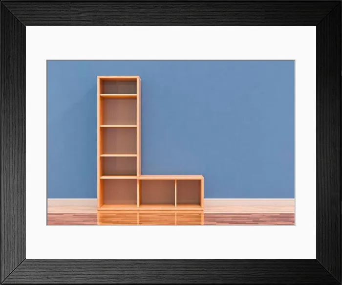 Framed Print : Letter L as bookshelf in interior, 3D rendering Framed Print : Letter L as bookshelf in interior, 3D rendering