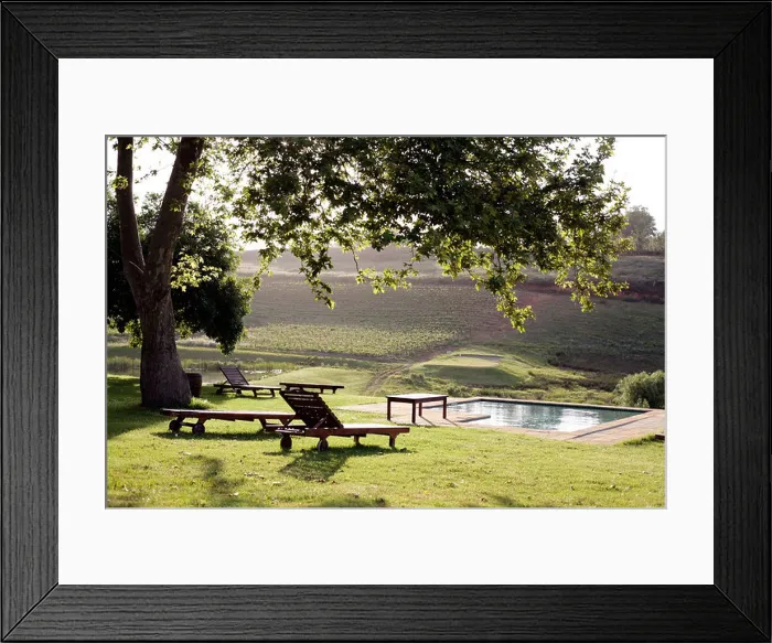 Framed Print : View across the pool at the Alluvia wine estate, Stellenbosch, South Africa Framed Print : View across the pool at the Alluvia wine estate, Stellenbosch, South Africa