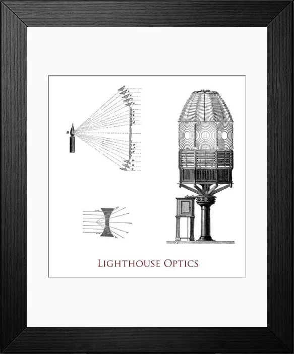Framed Print : Fresnel lighthouse drum lens; sector lens made of polished glass segments held together in a frame used in a coastal Framed Print : Fresnel lighthouse drum lens; sector lens made of polished glass segments held together in a frame used in a coastal