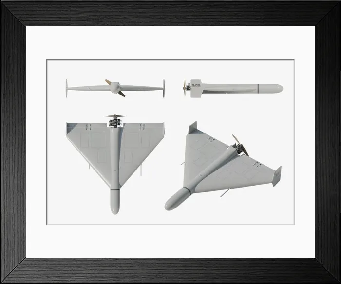 Framed Print : Shahed-136 (Geran-2) loitering munition drone: front, back, side and perspective view - 3d rendering Framed Print : Shahed-136 (Geran-2) loitering munition drone: front, back, side and perspective view - 3d rendering