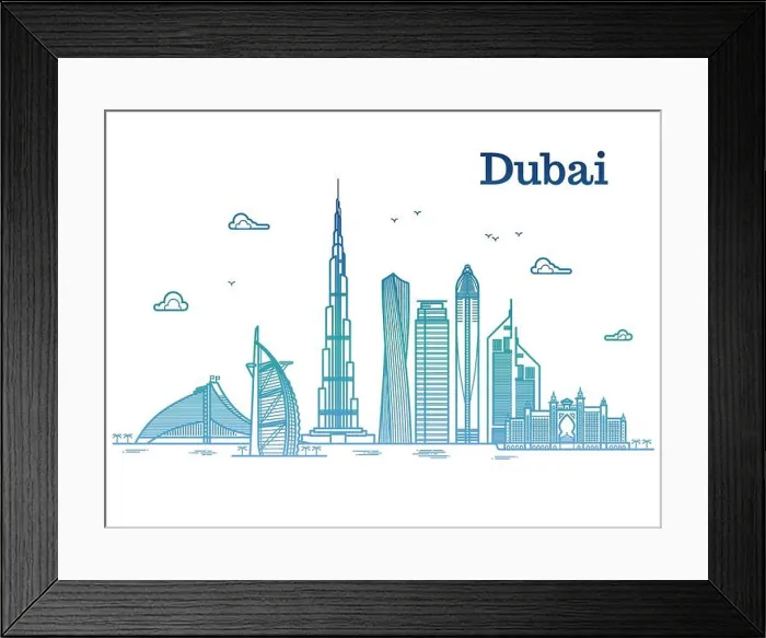 Framed Print : Colorful detailed dubai line vector cityscape with skyscrapers. Dubai urban building, business city illustration Framed Print : Colorful detailed dubai line vector cityscape with skyscrapers. Dubai urban building, business city illustration