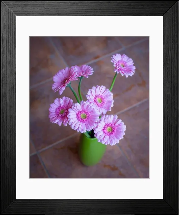 Framed Print : Beautiful pink gerbera flowers bouquet in green vase. Top view Framed Print : Beautiful pink gerbera flowers bouquet in green vase. Top view