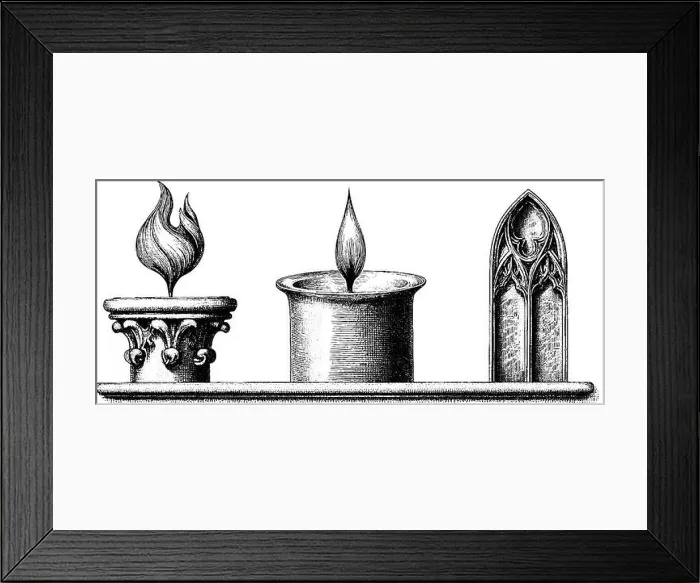 Framed Print : Vintage hand drawn stained glass and candle flame illustration for retro decor Framed Print : Vintage hand drawn stained glass and candle flame illustration for retro decor