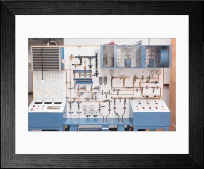 Framed Print : Mechanical training panel is showing copper pipes, gauges, consoles, clear housings in flat design Framed Print : Mechanical training panel is showing copper pipes, gauges, consoles, clear housings in flat design