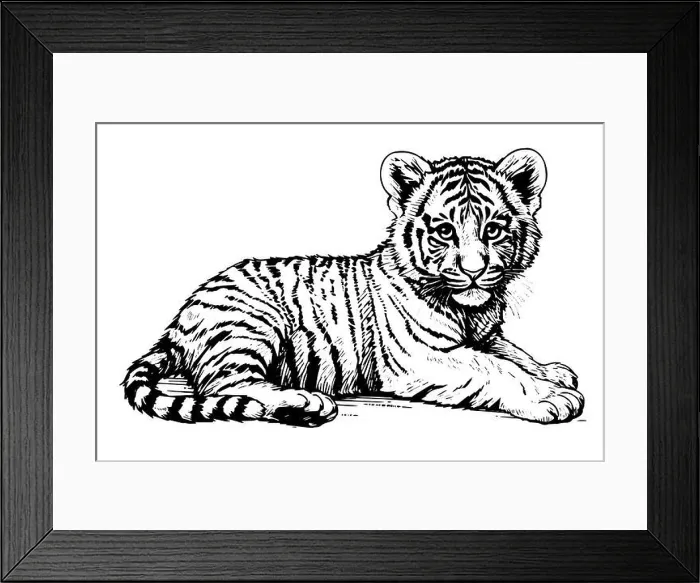 Framed Print : Hand drawn engraving style sketch of a tiger cub, vector ink illustration Framed Print : Hand drawn engraving style sketch of a tiger cub, vector ink illustration
