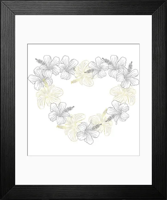 Framed Print : A golden flower heart wreath with a black and white flower wreath Framed Print : A golden flower heart wreath with a black and white flower wreath