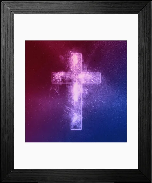Framed Print : Christian cross symbol Red Blue. Abstract night sky background Framed Print : Christian cross symbol Red Blue. Abstract night sky background