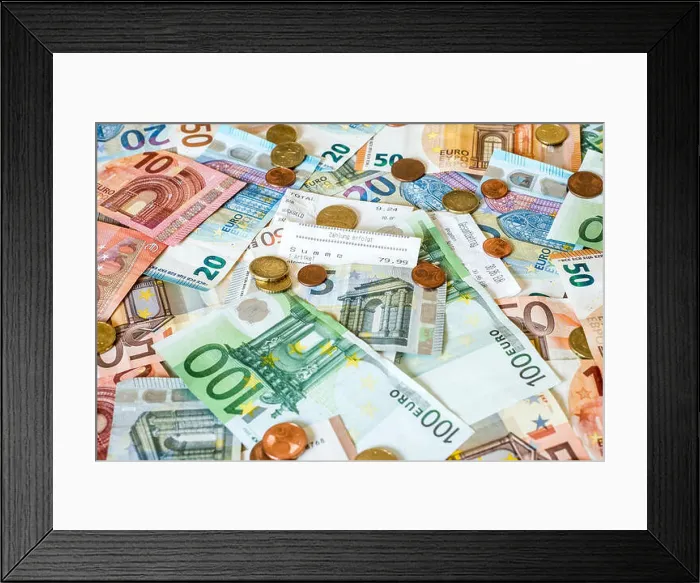 Framed Print : savings Cash money concept euro banknotes of all sizes and cent coins on desk bill pay store text sum total save Framed Print : savings Cash money concept euro banknotes of all sizes and cent coins on desk bill pay store text sum total save