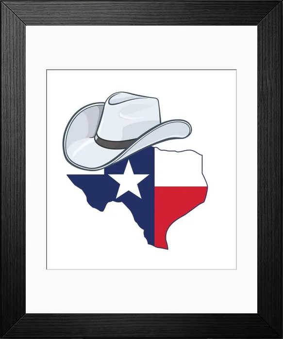 Framed Print : Texas tx state map shape with texas state flag wearing stetson cowboy hat logo vector isolated on white background Framed Print : Texas tx state map shape with texas state flag wearing stetson cowboy hat logo vector isolated on white background