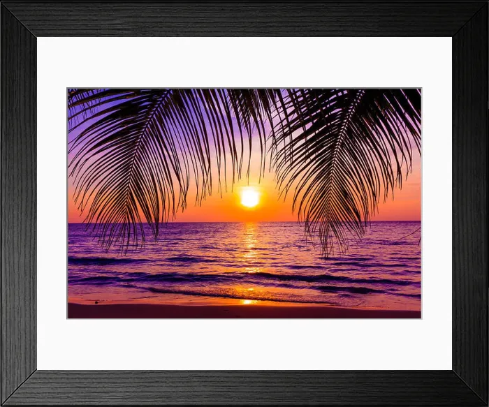 Framed Print : Beautiful sunset. Sunset over the ocean with tropical palm trees. Paradise beach Framed Print : Beautiful sunset. Sunset over the ocean with tropical palm trees. Paradise beach