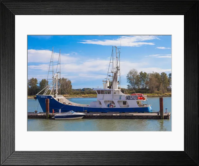 Framed Print : American fishing vessel Daynas tied up at a dock in Steveston British Columbia Canada Framed Print : American fishing vessel Daynas tied up at a dock in Steveston British Columbia Canada