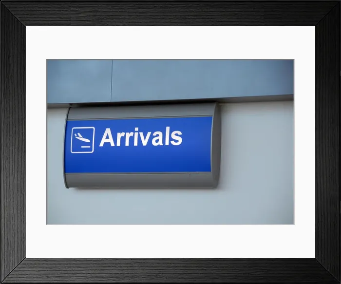 Framed Print : Blue Arrivals sign in the new section at the Doncaster Sheffield Airport Framed Print : Blue Arrivals sign in the new section at the Doncaster Sheffield Airport