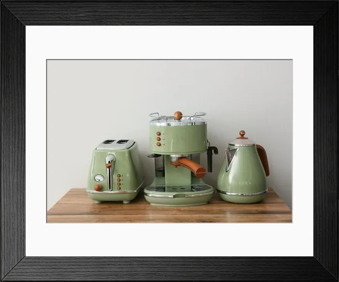 Framed Print : Electric kettle with coffee machine and toaster on counter against white wall Framed Print : Electric kettle with coffee machine and toaster on counter against white wall