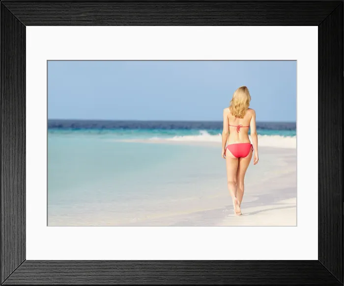 Framed Print : Woman In Bikini Walking On Beautiful Tropical Beach Framed Print : Woman In Bikini Walking On Beautiful Tropical Beach