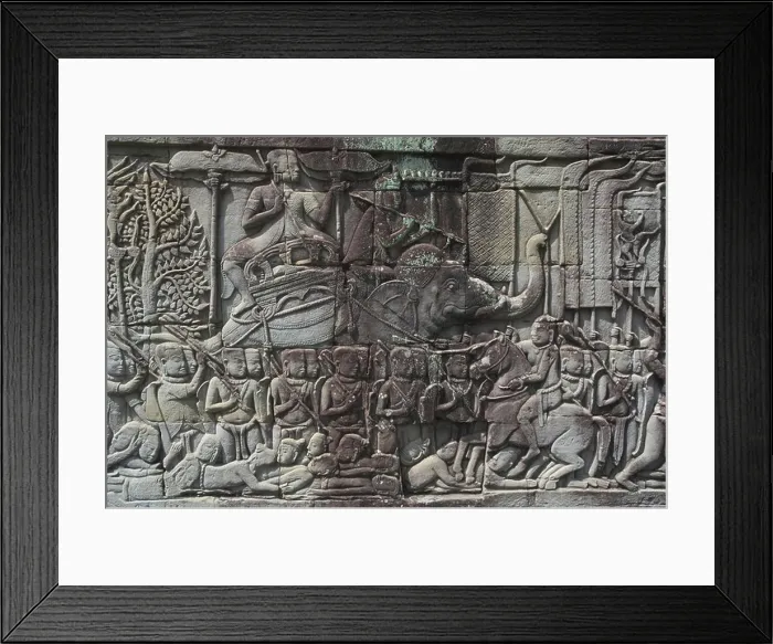Framed Print : Close up of a frieze denoting a procession of figures with an elephant Framed Print : Close up of a frieze denoting a procession of figures with an elephant