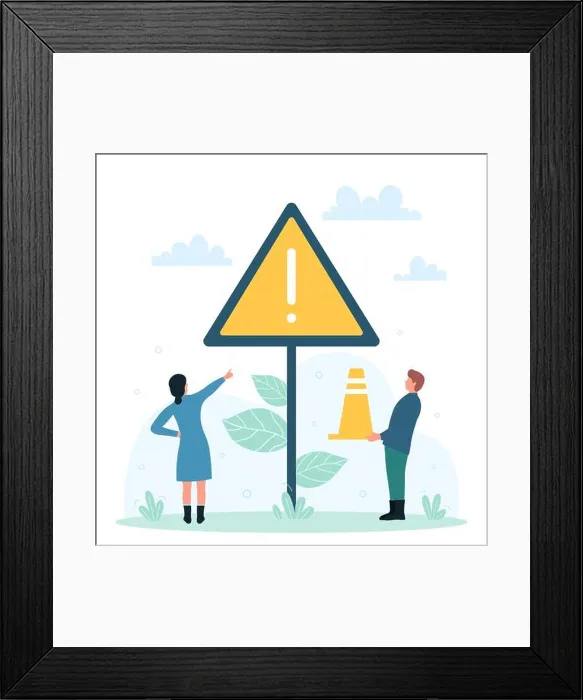 Framed Print : Traffic rules, warning sign to be careful on city street or highway vector illustration Framed Print : Traffic rules, warning sign to be careful on city street or highway vector illustration