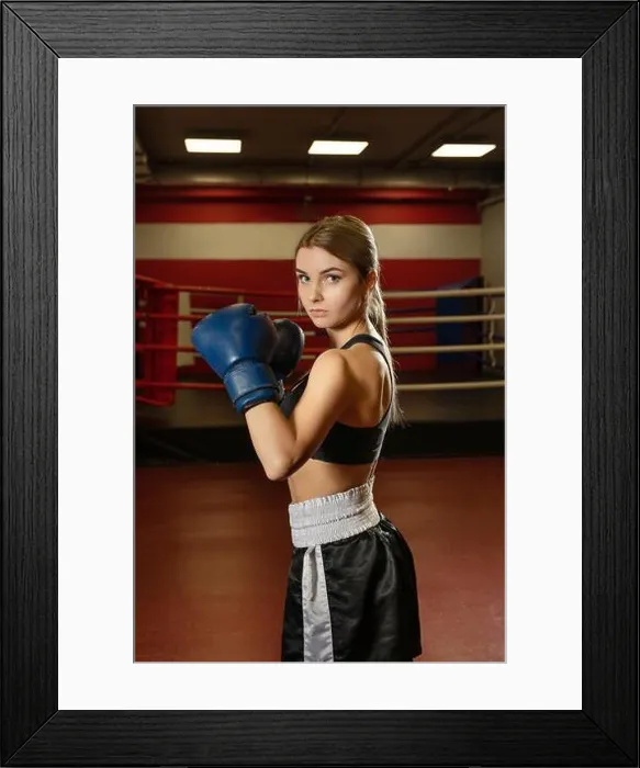 Framed Print : Pretty girl in boxing gloves in a gym shot Framed Print : Pretty girl in boxing gloves in a gym shot