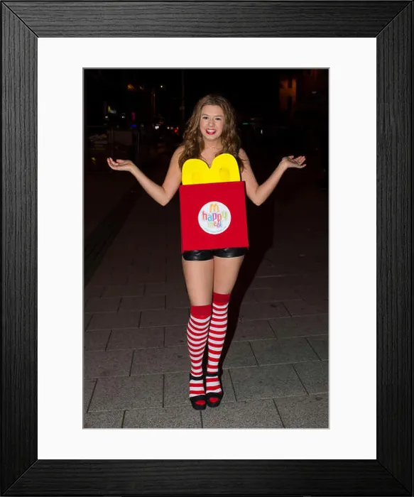 Framed Print : A woman dressed as a McDonalds happy meal on halloween in Cardiff, Wales, UK Framed Print : A woman dressed as a McDonalds happy meal on halloween in Cardiff, Wales, UK