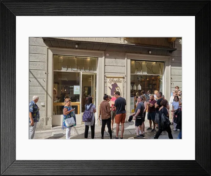 Framed Print : Customers waiting outside Sfoglia Reina Pasta Shop Restaurant in Bologna Italy Framed Print : Customers waiting outside Sfoglia Reina Pasta Shop Restaurant in Bologna Italy
