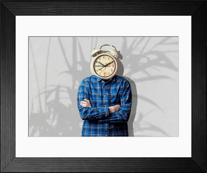 Framed Print : watches clock instead of human head, work time concept, creative idea Framed Print : watches clock instead of human head, work time concept, creative idea