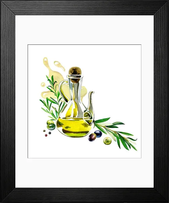 Framed Print : Olives oil and herbs. Watercolor illustration of olives Framed Print : Olives oil and herbs. Watercolor illustration of olives