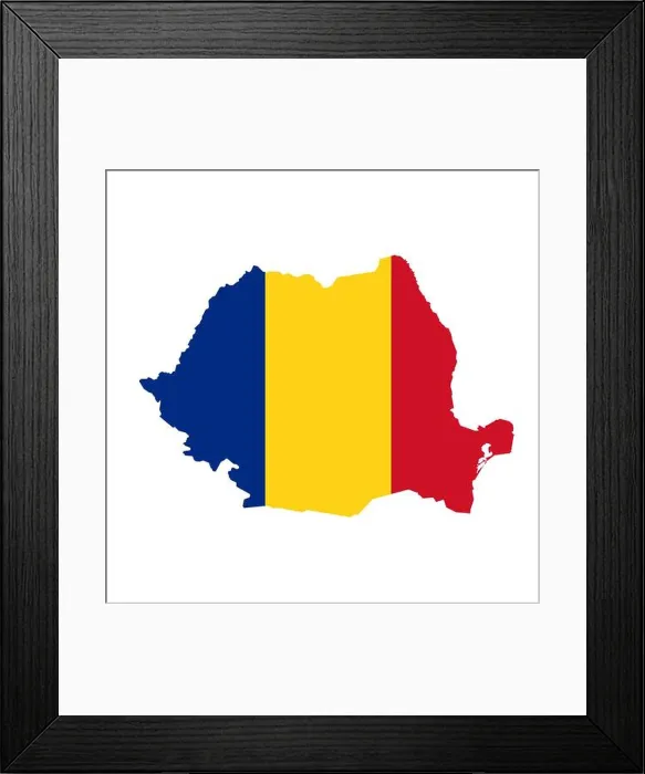 Framed Print : Romania flag map. Country outline with national flag Framed Print : Romania flag map. Country outline with national flag