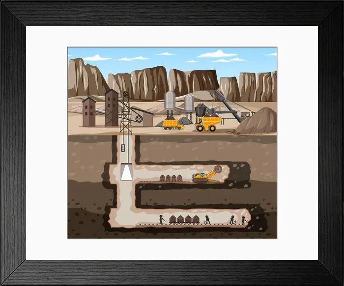 Framed Print : Landscape of coal mine industry with underground illustration Framed Print : Landscape of coal mine industry with underground illustration