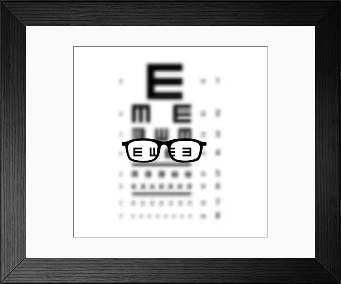 Framed Print : Glasses Optician In E chart Eye test blurred Framed Print : Glasses Optician In E chart Eye test blurred