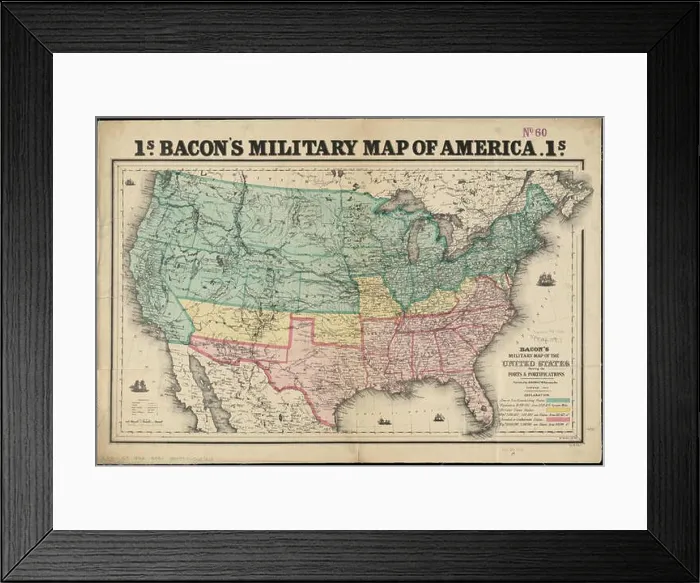 Framed Print : Bacon's military map of the United States is a detailed map showing the forts and fortifications across the country Framed Print : Bacon's military map of the United States is a detailed map showing the forts and fortifications across the country