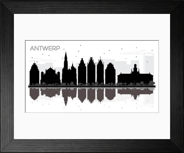 Framed Print : Antwerp Belgium City skyline black and white silhouette with Reflections Framed Print : Antwerp Belgium City skyline black and white silhouette with Reflections