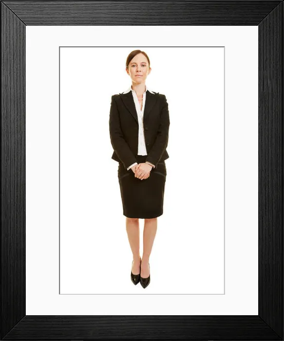 Framed Print : Front view of standing business woman as full body shot Framed Print : Front view of standing business woman as full body shot