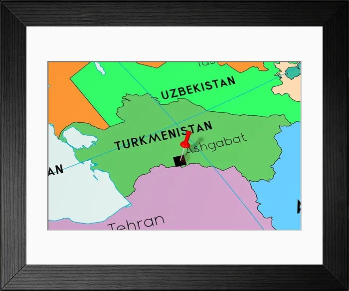 Framed Print : Turkmenistan, Ashgabat - capital city, pinned on political map Framed Print : Turkmenistan, Ashgabat - capital city, pinned on political map