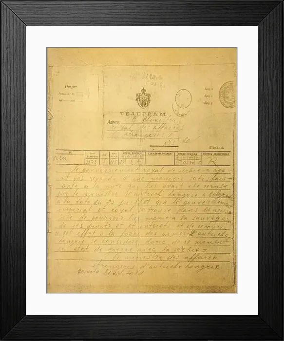 Framed Print : Austro-Hungarian government's telegram to the government of Serbia on 28 July 1914th Declaration of war Framed Print : Austro-Hungarian government's telegram to the government of Serbia on 28 July 1914th Declaration of war