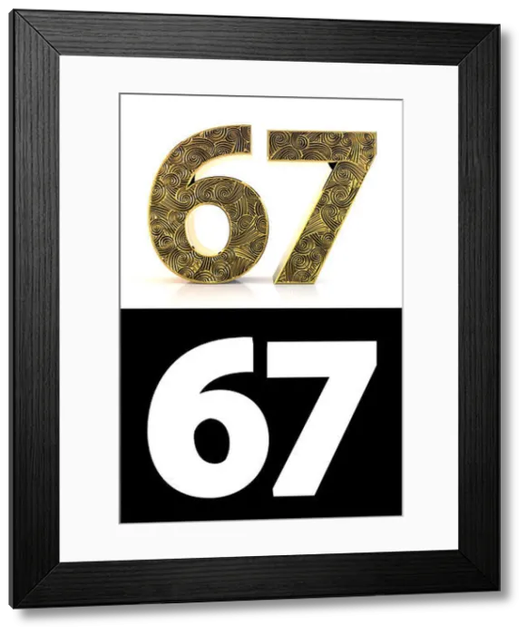 Framed Print : Golden number sixty-seven (67 years) on white background with pattern style Zentangle Framed Print : Golden number sixty-seven (67 years) on white background with pattern style Zentangle