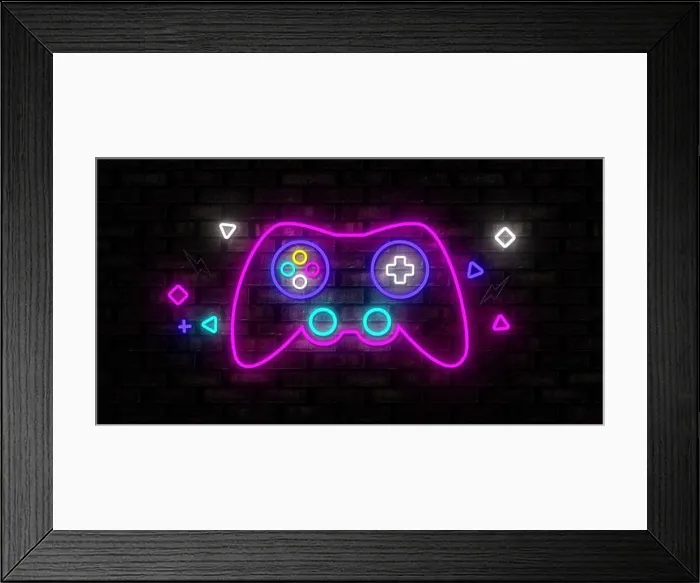 Framed Print : Neon Gaming icons on black background 4k Framed Print : Neon Gaming icons on black background 4k