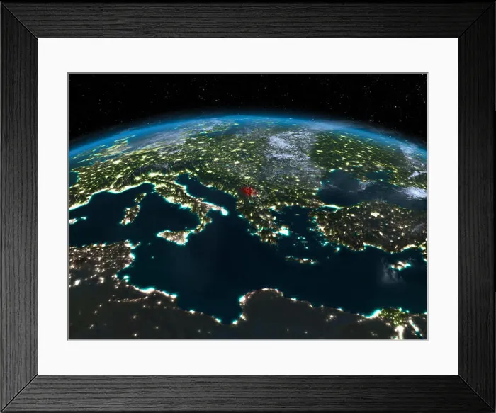 Framed Print : Satellite night view of Kosovo highlighted in red on planet Earth with clouds Framed Print : Satellite night view of Kosovo highlighted in red on planet Earth with clouds