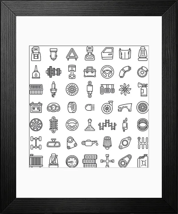 Framed Print : Car parts icons set. Outline set of car parts vector icons for web design isolated on white background Framed Print : Car parts icons set. Outline set of car parts vector icons for web design isolated on white background