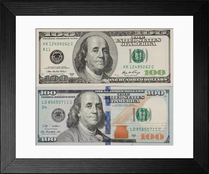 Framed Print : Old and new 100-dollar bills and banknotes, the front side Framed Print : Old and new 100-dollar bills and banknotes, the front side