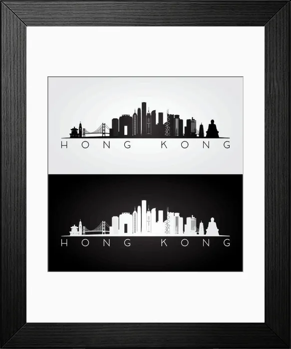 Framed Print : Hong Kong skyline and landmarks silhouette, black and white design, vector illustration Framed Print : Hong Kong skyline and landmarks silhouette, black and white design, vector illustration