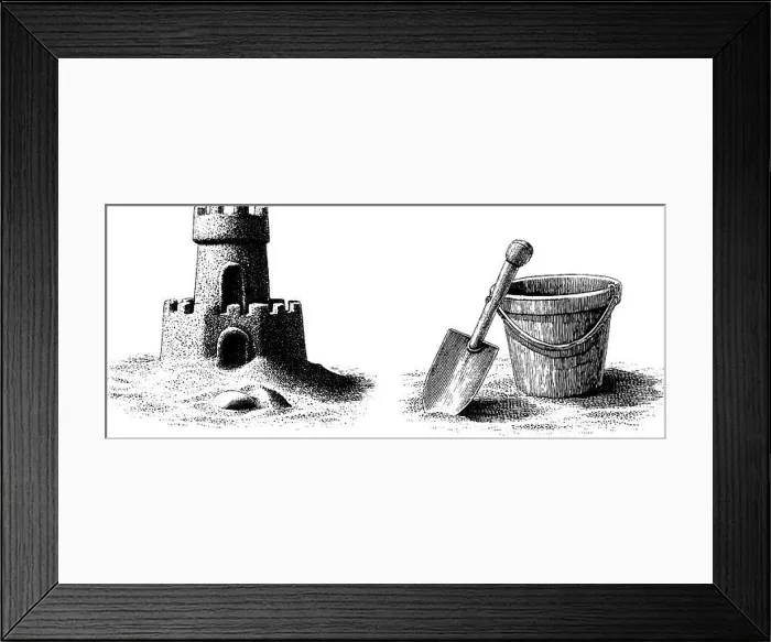 Framed Print : Vintage beach fun with sandcastle and bucket engraving for creative design Framed Print : Vintage beach fun with sandcastle and bucket engraving for creative design