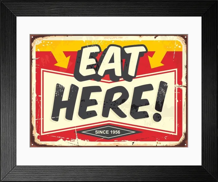 Framed Print : Eat here vintage restaurant tin sign. Promotional ad sign board for food and drink diner. Retro vector illustration Framed Print : Eat here vintage restaurant tin sign. Promotional ad sign board for food and drink diner. Retro vector illustration