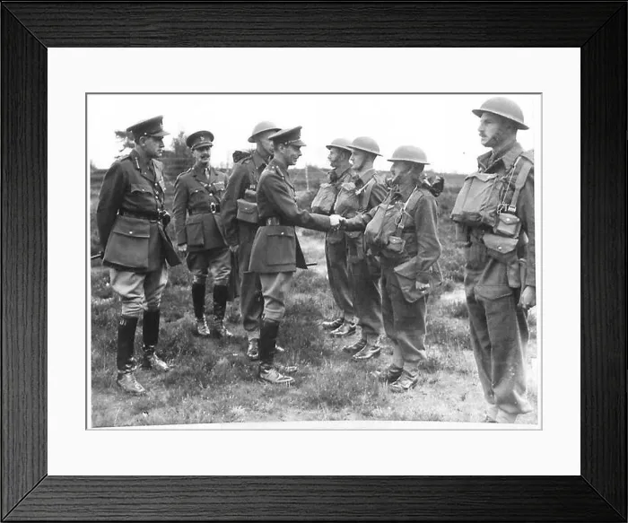 Framed Print : The King meets officers of the Royal Berkshire Regiment, greeting and observing British Army personnel Framed Print : The King meets officers of the Royal Berkshire Regiment, greeting and observing British Army personnel
