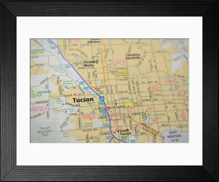 Framed Print : Map of city of Tucson, AZ Framed Print : Map of city of Tucson, AZ
