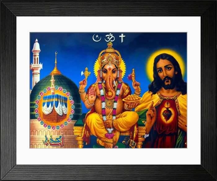 Framed Print : Multifaith artwork Kaaba, Ganesh and Jesus Christ Framed Print : Multifaith artwork Kaaba, Ganesh and Jesus Christ
