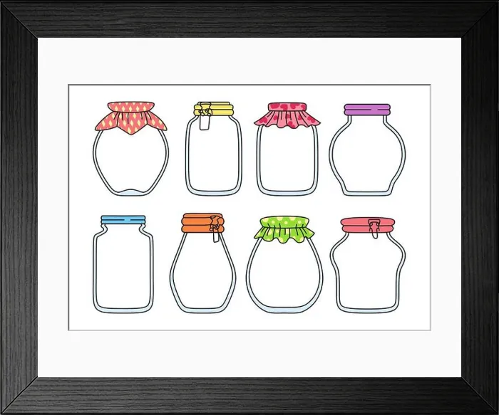 Framed Print : Glass empty jar doodle set. Contour label packaging jam drawing for notes Framed Print : Glass empty jar doodle set. Contour label packaging jam drawing for notes