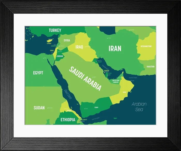 Framed Print : Middle East map - green hue colored on dark background Framed Print : Middle East map - green hue colored on dark background