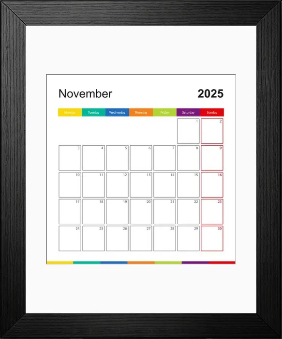 Framed Print : November 2025 colorful wall calendar, week starts on Monday. 2025 Calendar template Framed Print : November 2025 colorful wall calendar, week starts on Monday. 2025 Calendar template