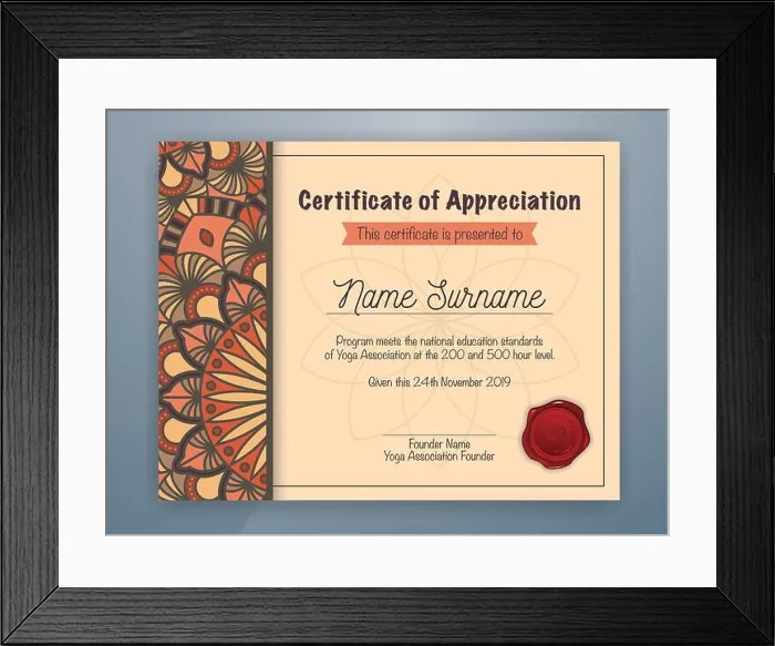 Framed Print : Brown Mandala Bordered Certificate of Appreciation Template Design for Yoga class. Vector illustration Framed Print : Brown Mandala Bordered Certificate of Appreciation Template Design for Yoga class. Vector illustration